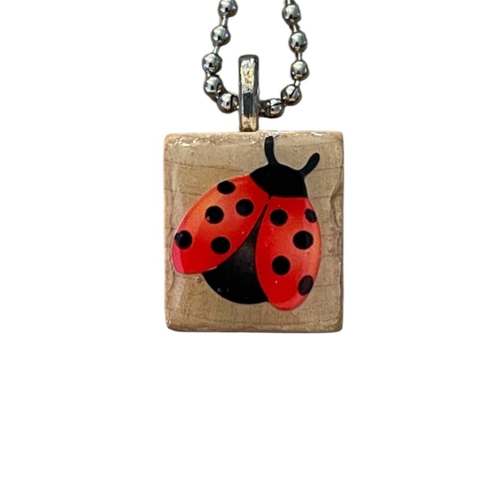 Vintage 90's Scrabble Tile Pendant with Stainless Steel Ball Chain Lady Bug 24"
